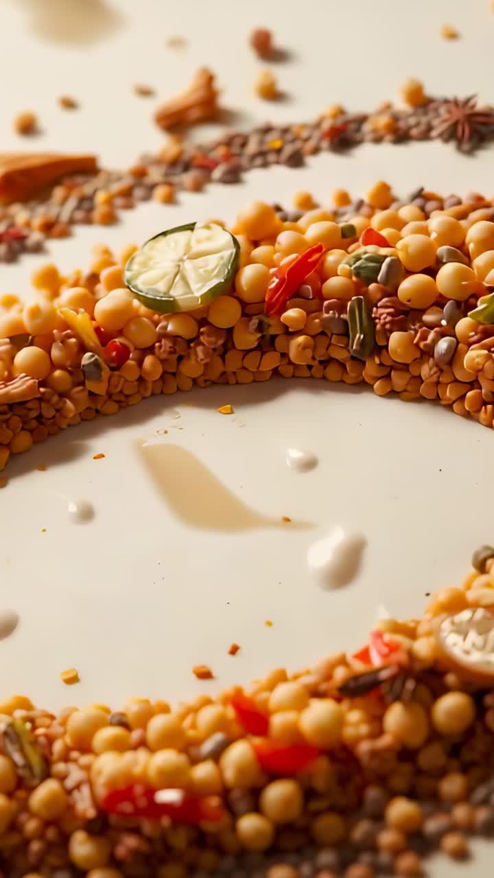 Vertical video: Shifting camera revealing curved band of peas, lime, spices on plate, showing drops