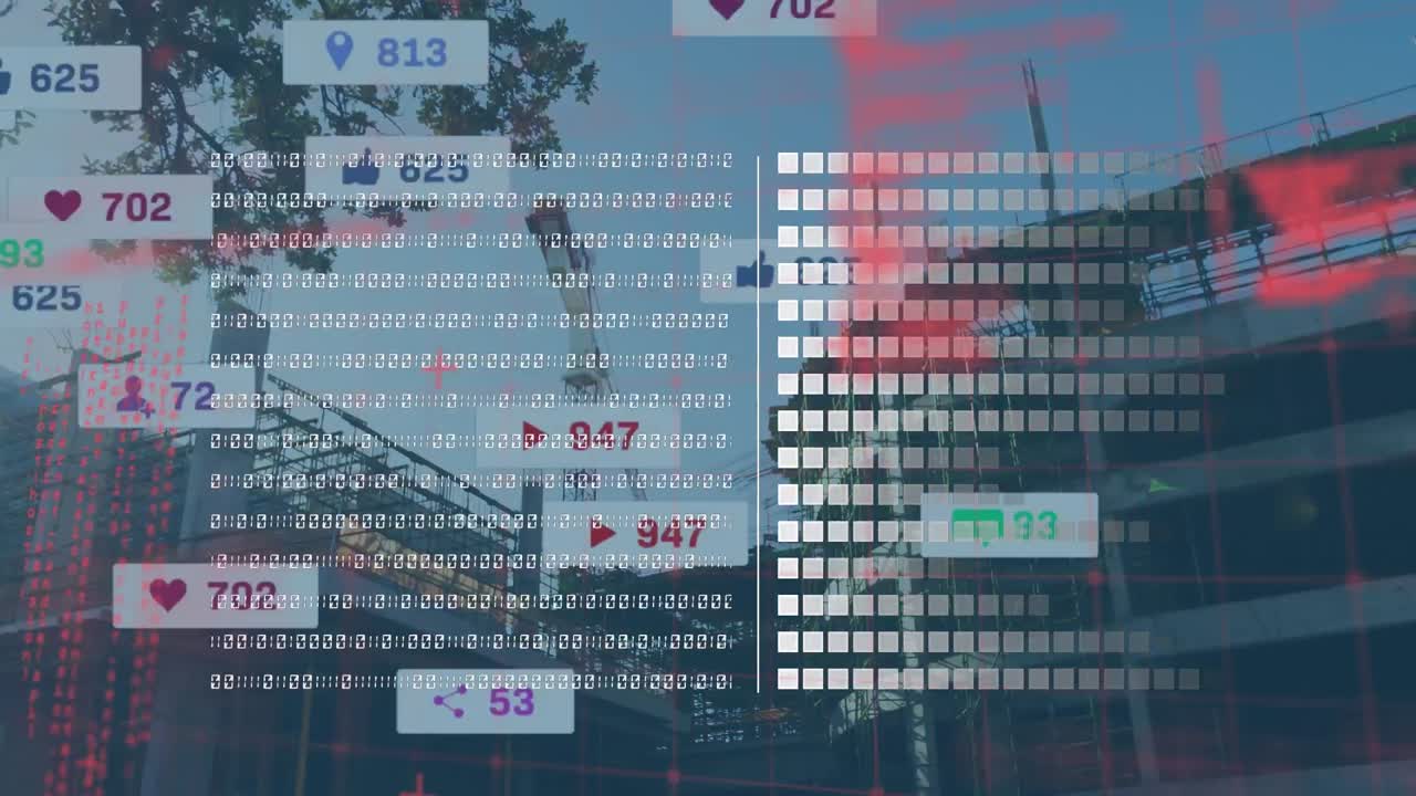 건물 현장 위의 데이터 처리 및 미디어 아이콘의 애니메이션