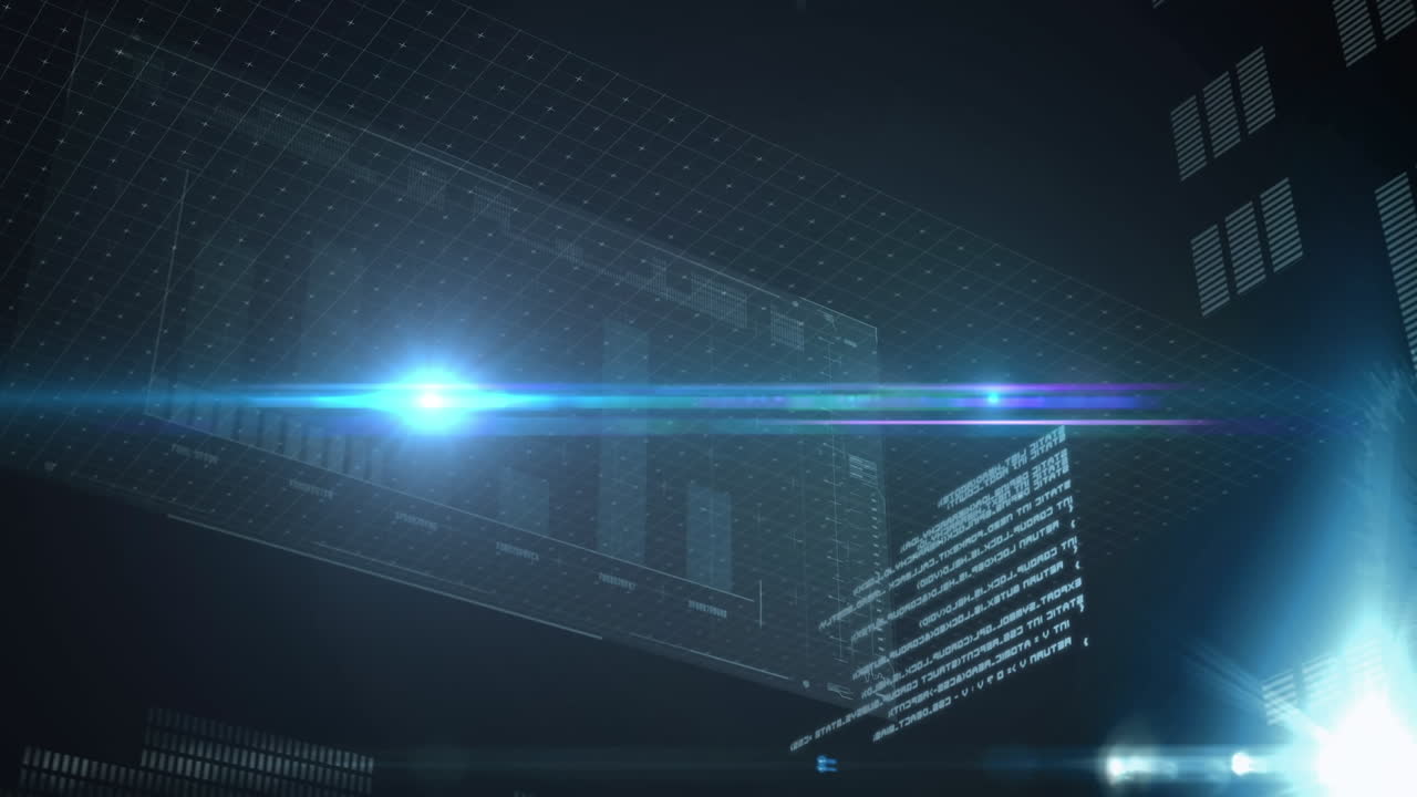 Animation of light trails over data processing on black background