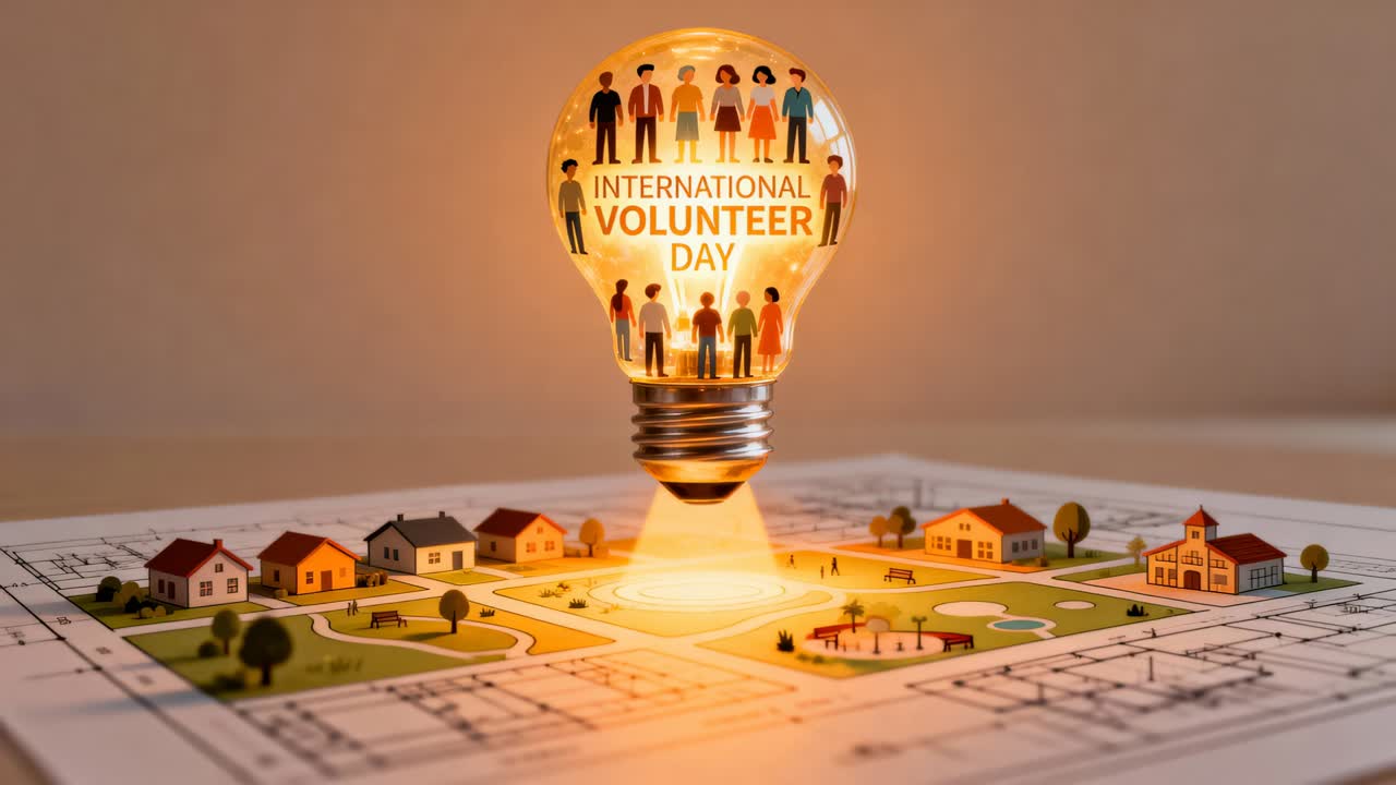 Camera pulling back, three kids in tees placing planks at pavilion for INTL VOLUNTEER DAY bulb