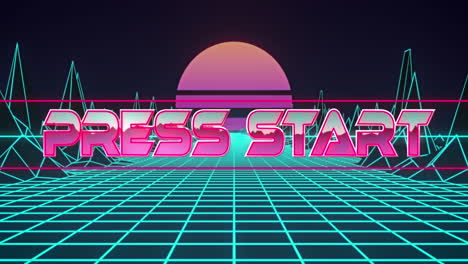 animation of press start text over a grid and digital terrain