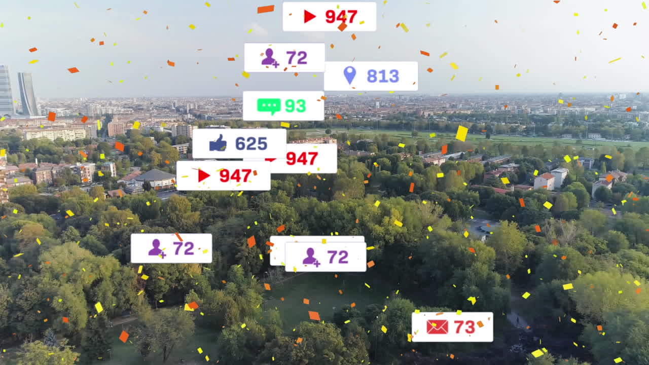 Konfetti falder over ikoner for sociale medier på flere talebobler svævende mod byens skyline.