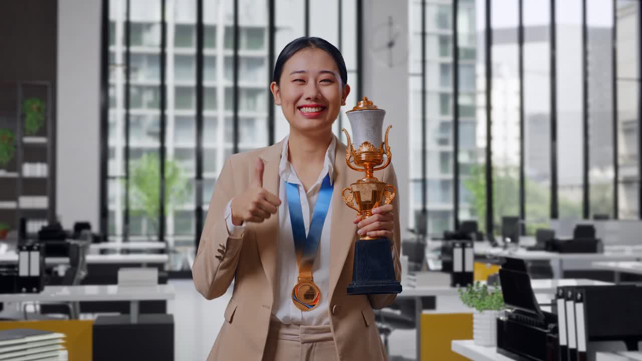 asian business woman in a suit with a gold medal and trophy showing ...