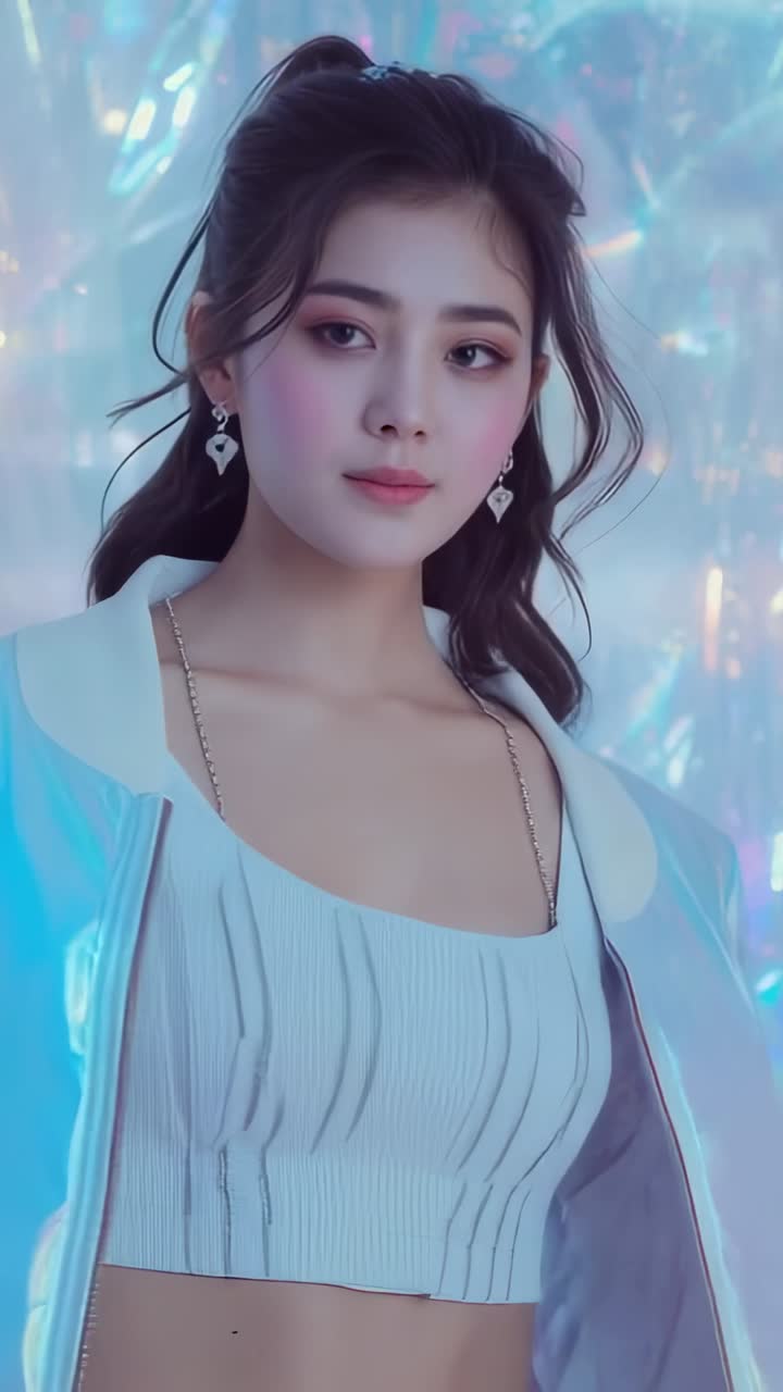 Vertical video: Recording starting model in bomber jacket brushing hair opening eyes in foil studio