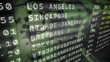 airport information board and covid-19 cells floating against green background