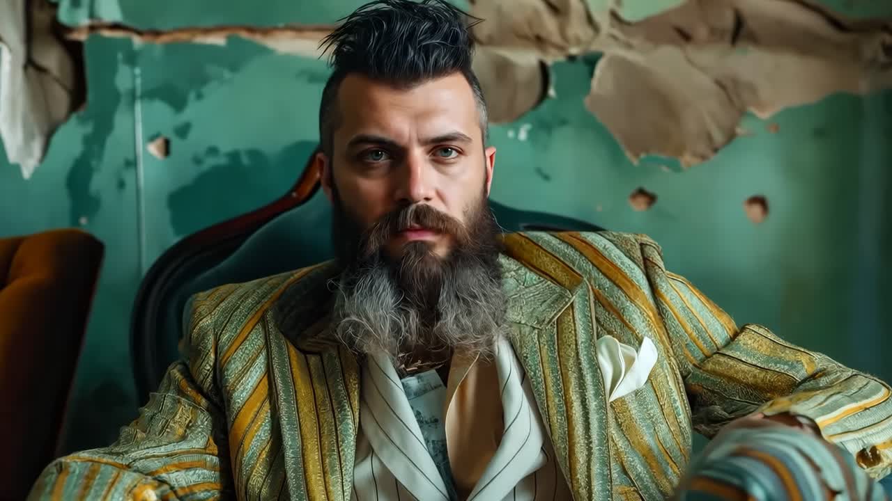 un hombre con una larga barba sentado en una silla