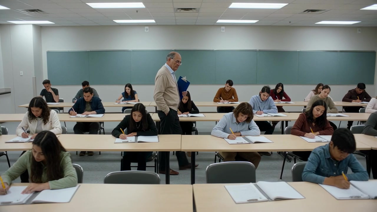 Exam starting, instructor in sweater with blue folder walking aisle proctoring exam in class