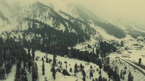 aerial view of snow covered naltar valley landscape with trees on hillside