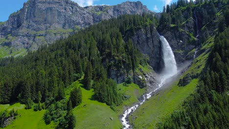 aerial panoramic view of staubifall waterfall nestled in green forest of switzerland