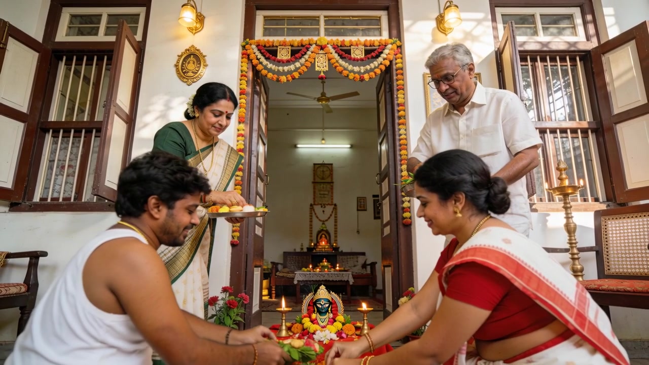 Riuniti all'ingresso adornato di ghirlande, una famiglia in sari e dhoti esegue una puja, gli anziani offrono all'altare