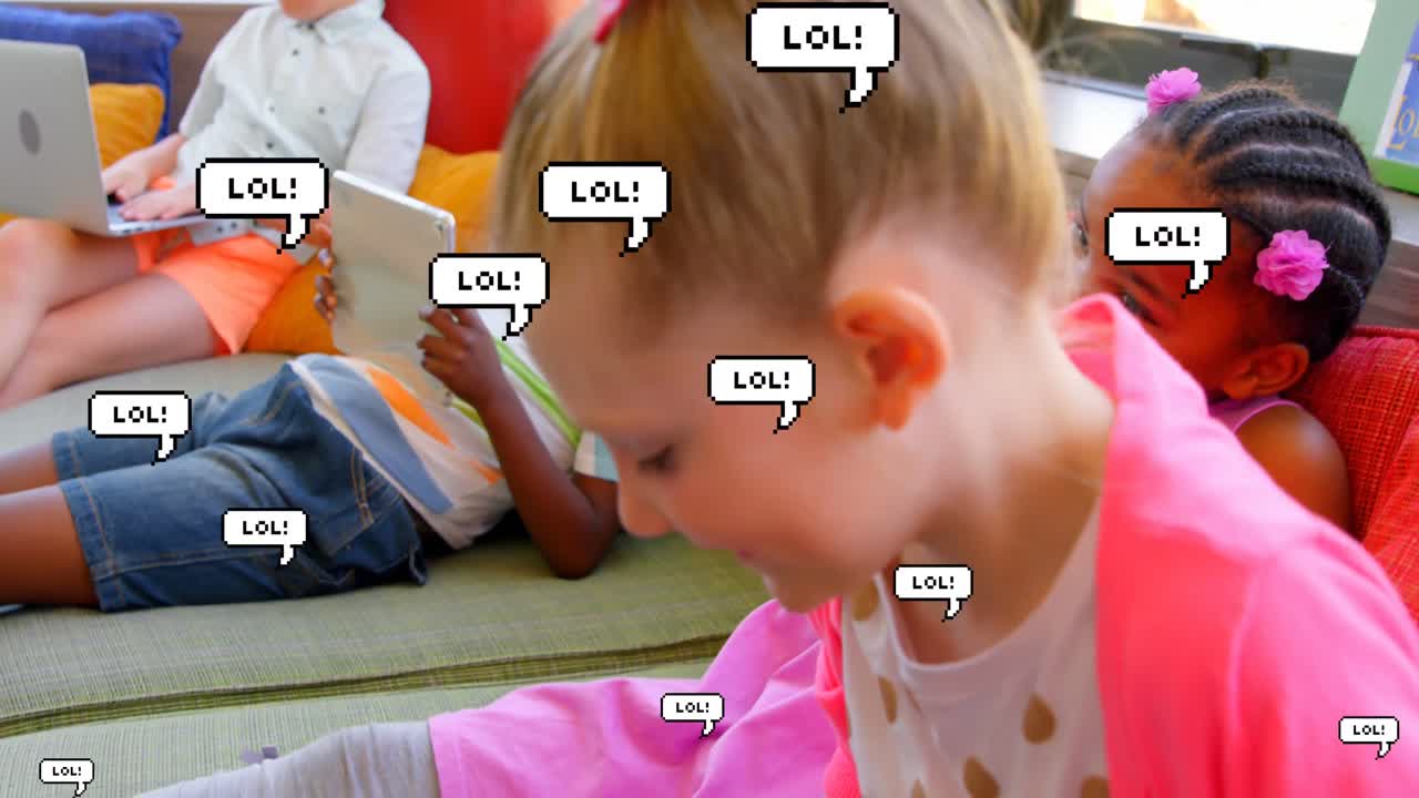 함께 시간을 보내는 행복한 백인 가족 위에 떨어지는 아이콘의 애니메이션