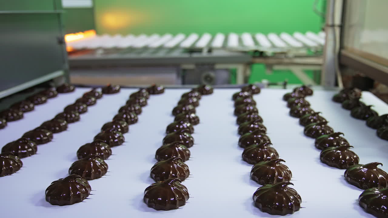 Shiny chocolate sweets move along the conveyor belt. Ready-made marshmallow desserts. Blurred background.
