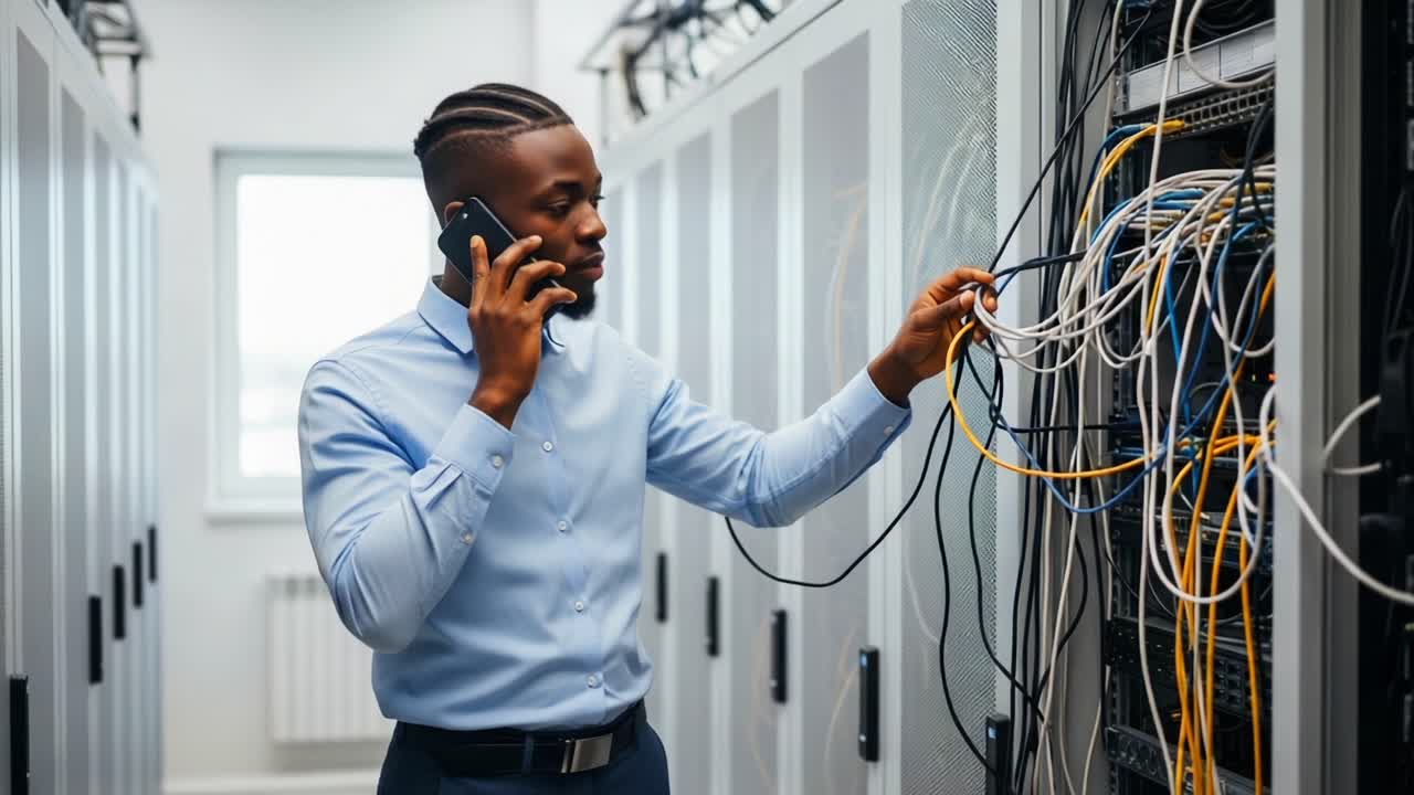 A Professional IT Technician Troubleshoots Network Connections While Engaged in a Phone Conversation in a Modern Data Center Environment