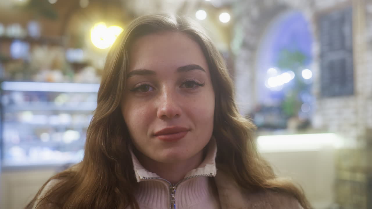Close-up of cheerful girl smiling as she rests face on hands in cozy cafe, peaceful moment captured with soft lighting creating serene and comforting ambiance