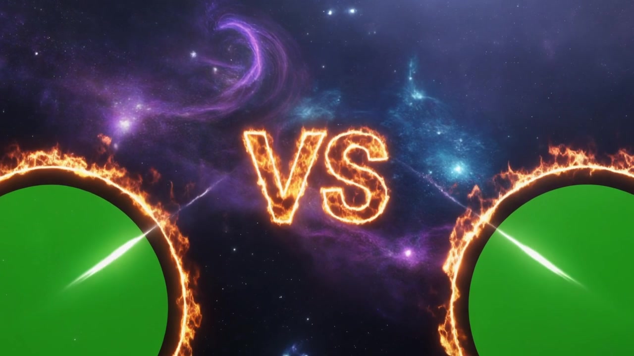 Schermata Versus con testo infuocato e cerchi green screen