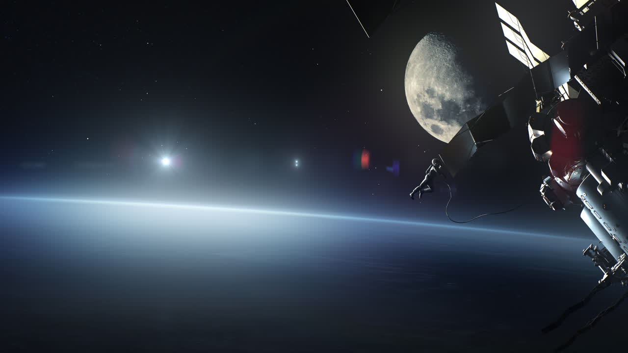 Astronaut in Spacewalk near Moon and Earth