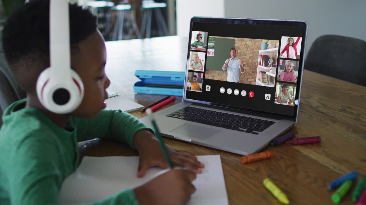 Composite video of boy using laptop with screens of diverse class and teacher in online lesson