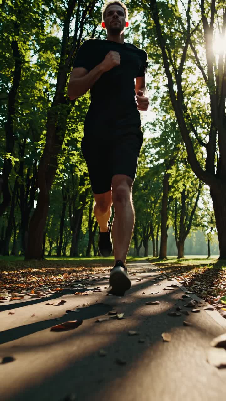 Low-angle video of a person jogging on a sunlit park path, surrounded by trees