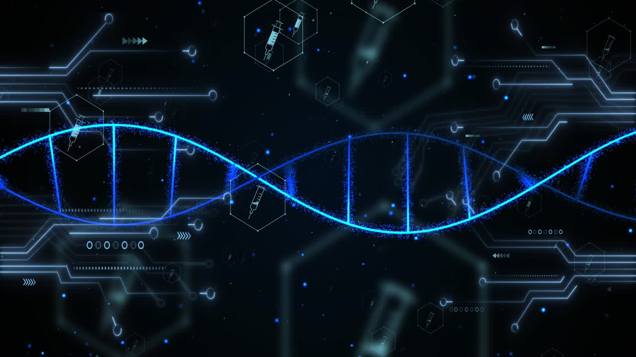 Animation of icons, dna strand over data processing