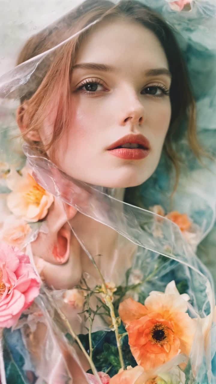 꽃과 투명한 플라스틱 배열의 여성