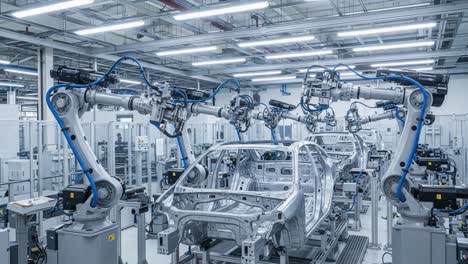 robotic automation in modern manufacturing: advanced robotic arms collaborate to construct automotive frames in an innovative production line facility