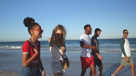 group of young adult friends walking on a beach talking 4k