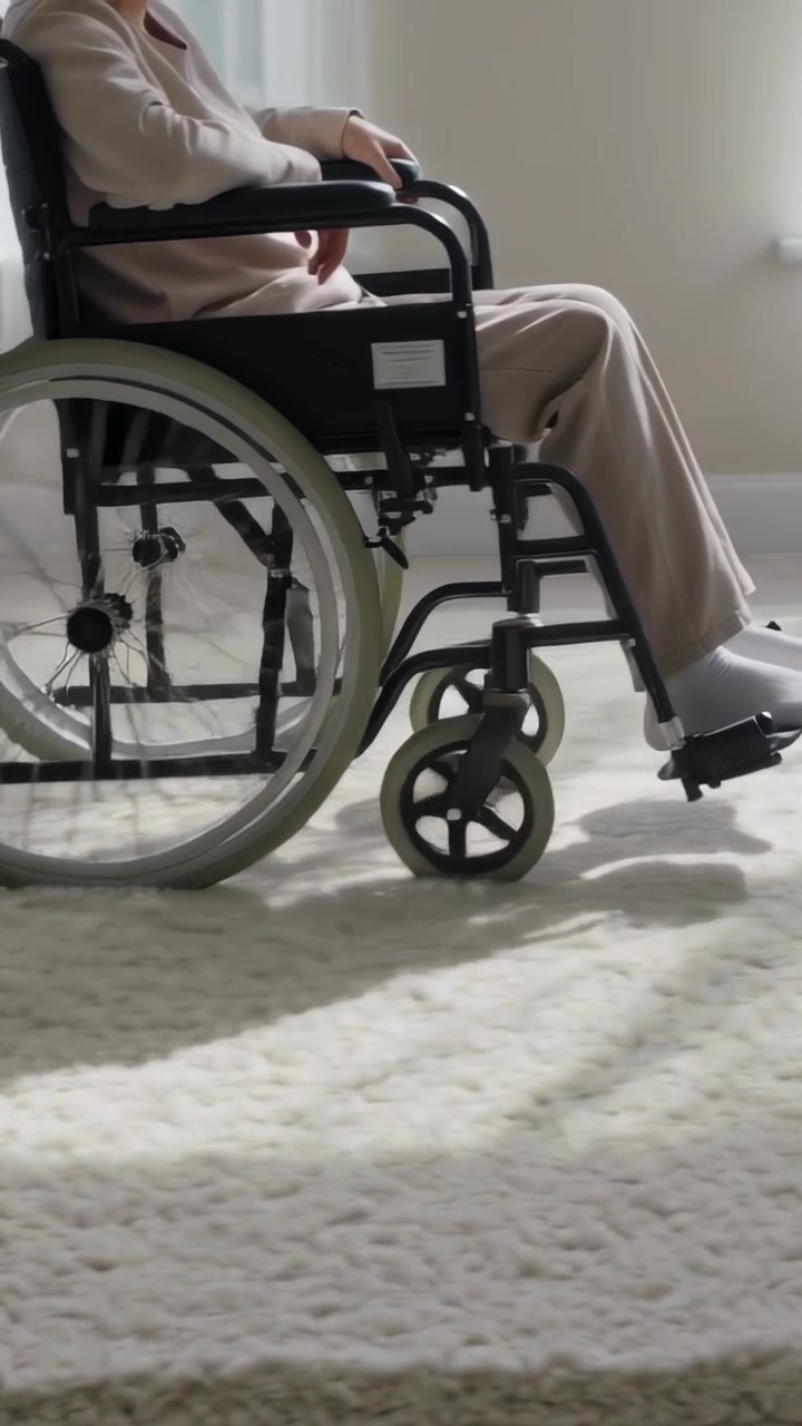 Vertical video: Hand reaching, carer pushing wheelchair toward window for view, senior in light top