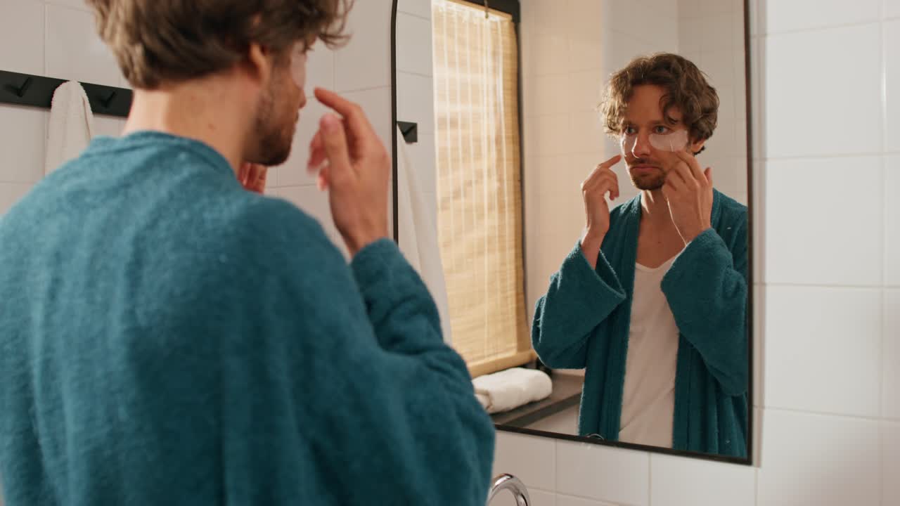 화장실 에서 눈판 을 착용 하는 남자