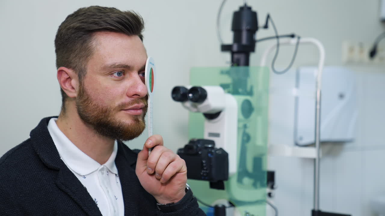 Close-up portrait of man during test on refractometer machine. Video from side. Eye exam for man at optical store.
