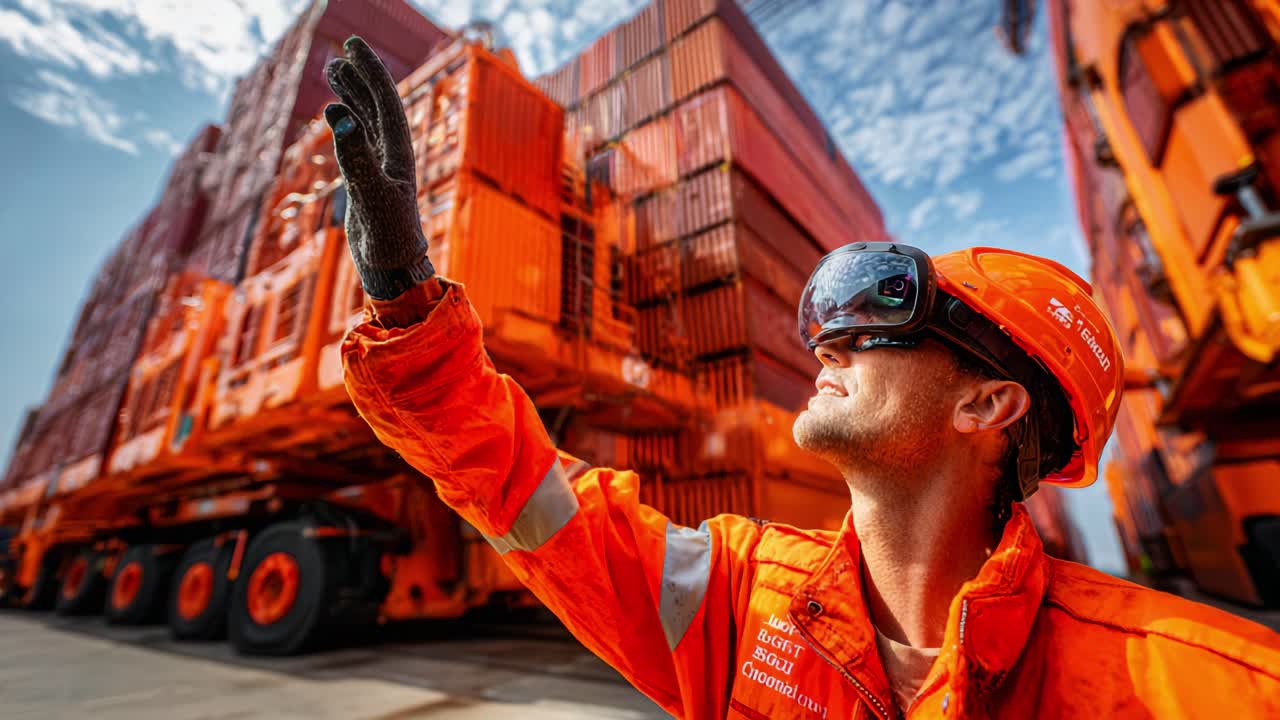 A diligent dockworker in a vibrant orange uniform raises his hand toward towering shipping containers, symbolizing industrious spirit and dedication in the bustling shipping industry