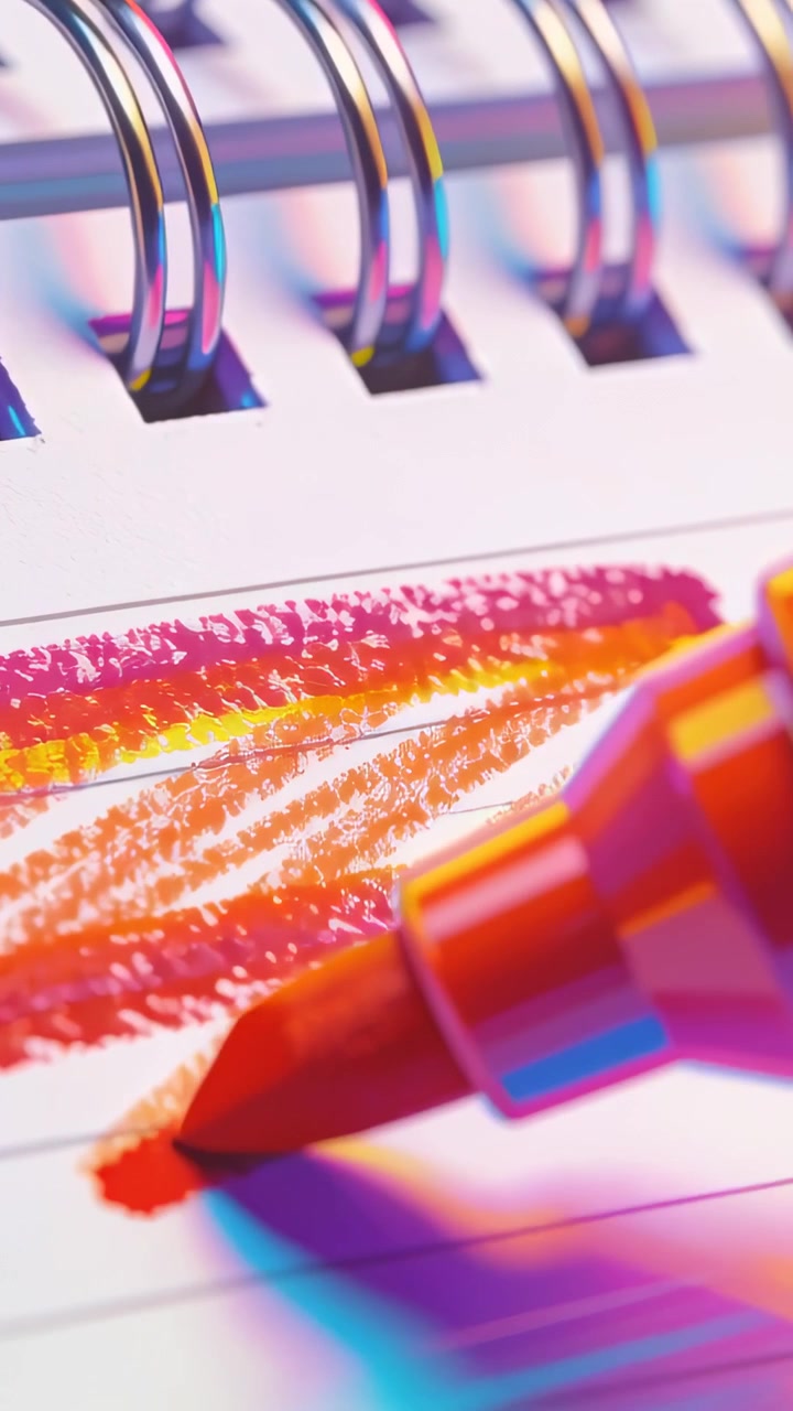 Vertical video: Entering red marker tip laying bold band across ruled page blending colors by rings