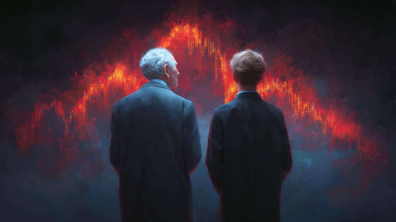 Two figures stand in front of a vivid digital graph, symbolizing deep contemplation and analysis, amidst a backdrop of fluctuating financial data and emotional tension