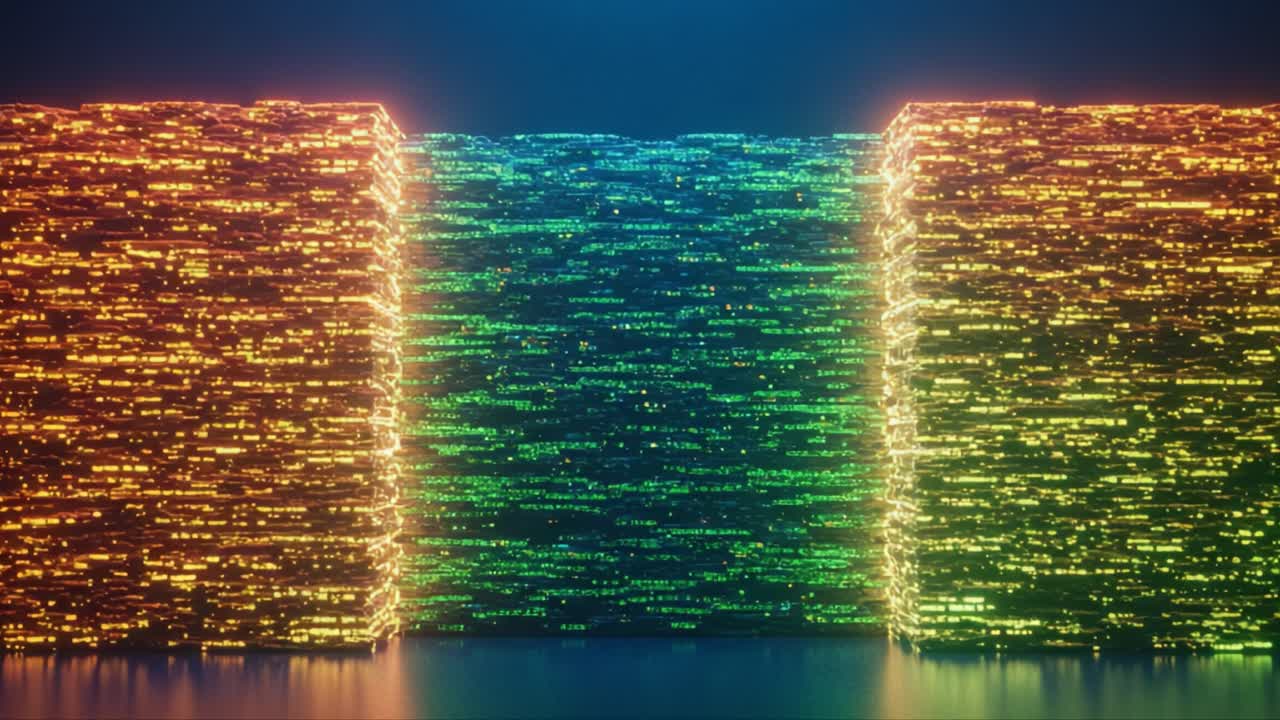 A mesmerizing visual display of pulsating neon lights flows through a digital landscape, showcasing vibrant colors and intricate patterns against a dark background