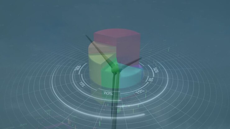 Animation of statistics and data processing over wind turbine on blue background
