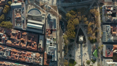 Aerial-birds-eye-overhead-top-down-panning-view-of-Plaza-de-Espana-square-and-surrounding-buildings.