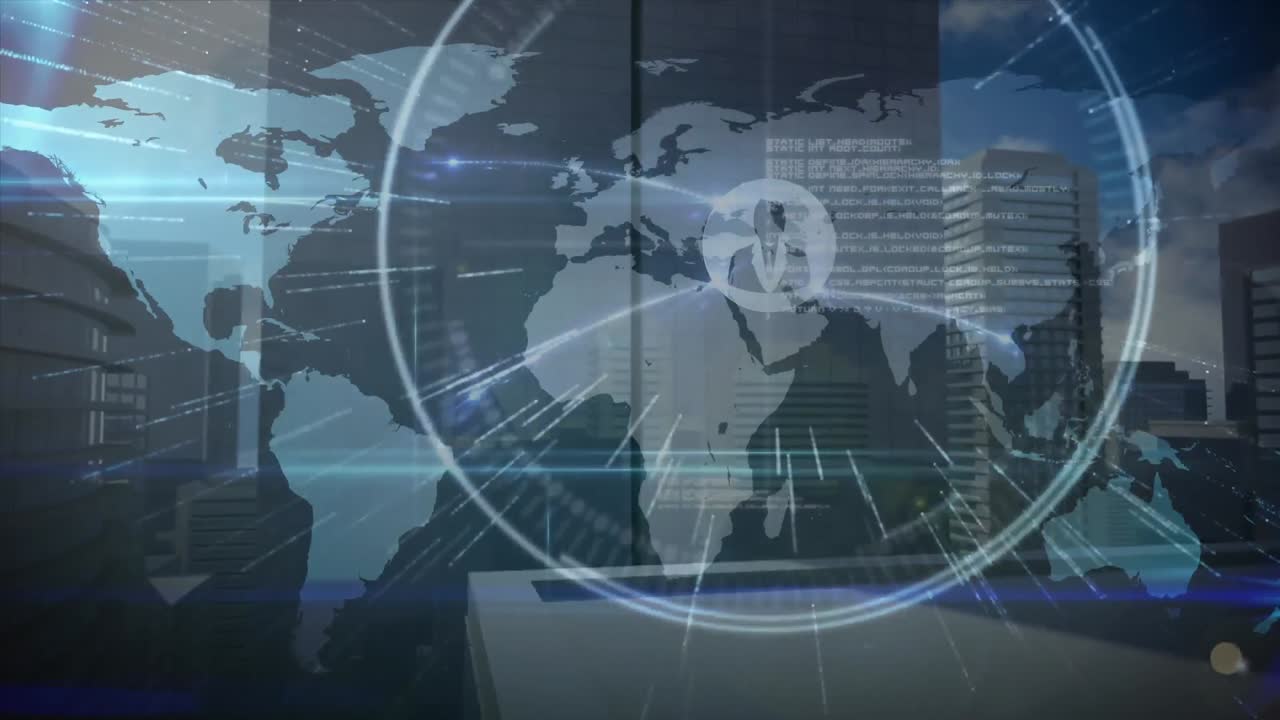 도시 건물 위의 연결 네트워크와 함께 세계 지도의 애니메이션