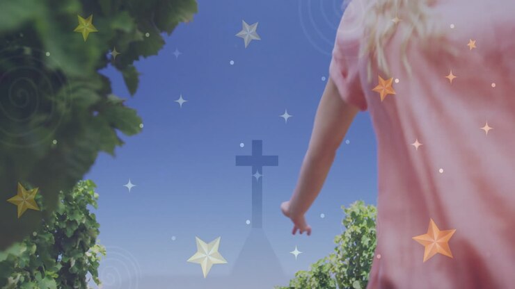 woman extending arms amid green vine foliage, showcasing health theme with floating star graphics