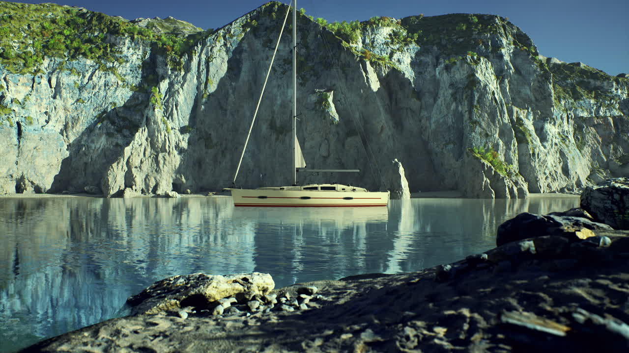 Calm waters and towering cliffs create a stunning landscape with a sailboat