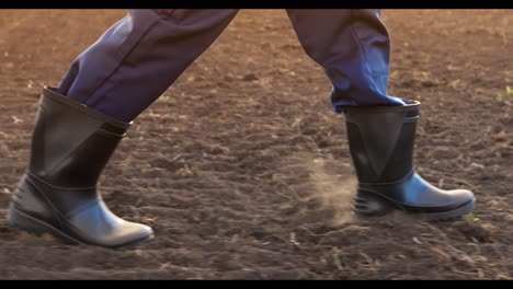 person walking in a field in rubber boots