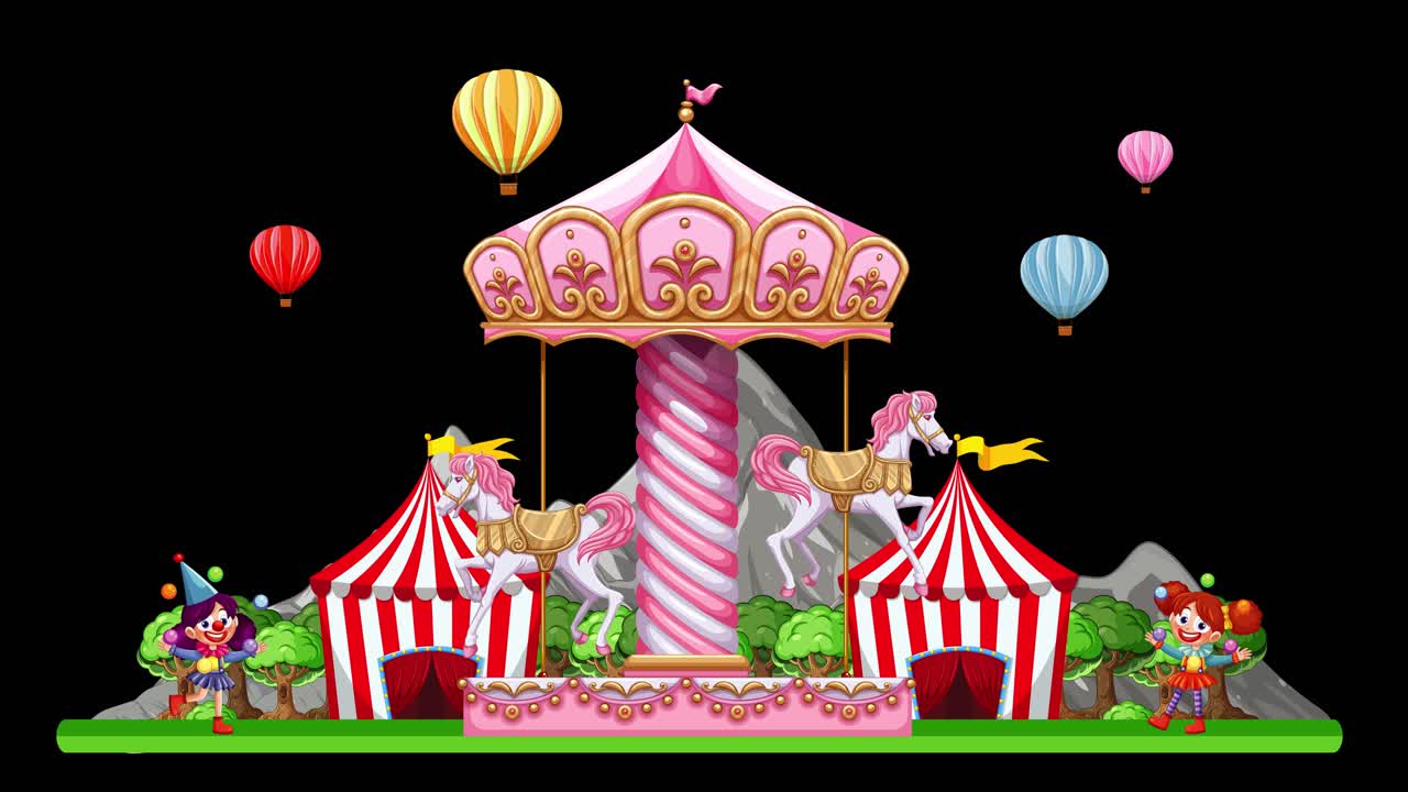 A colorful cartoon carousel rotates between circus tents and hot air balloons against black background