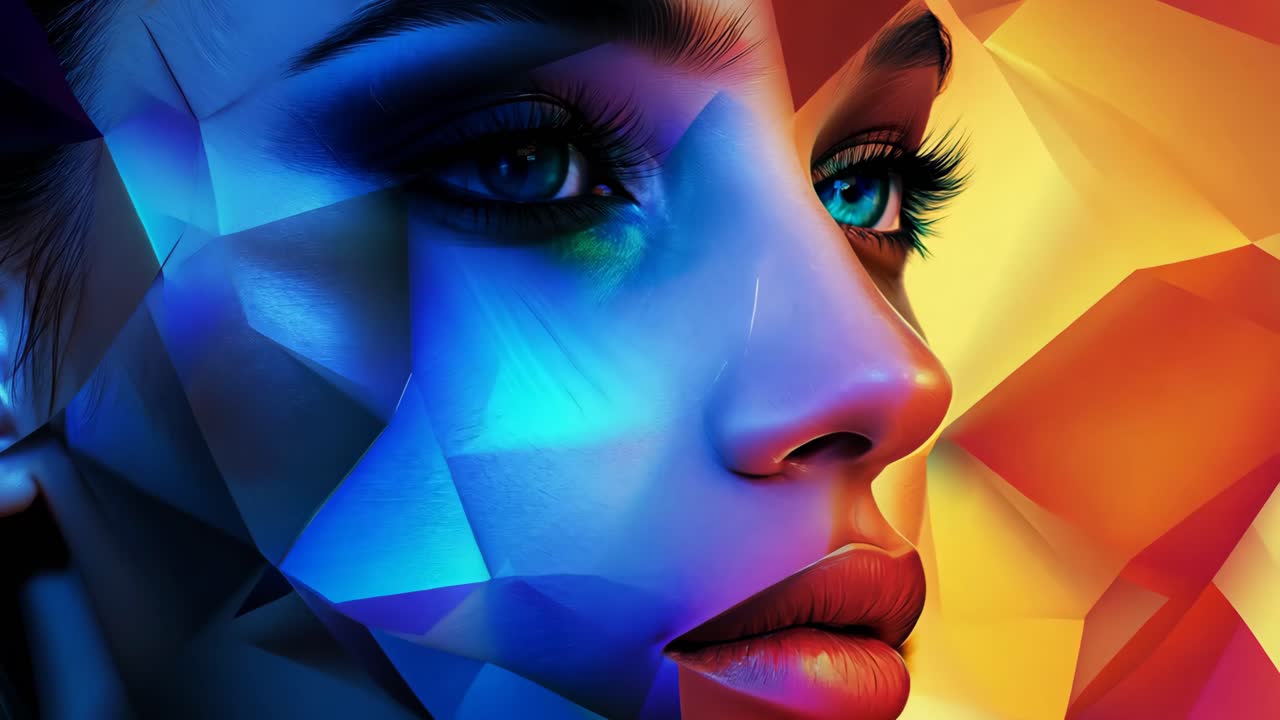 A woman's face is shown in a colorful, abstract style. The colors are bright and vibrant, and the woman's eyes are blue. Scene is one of creativity and artistic expression