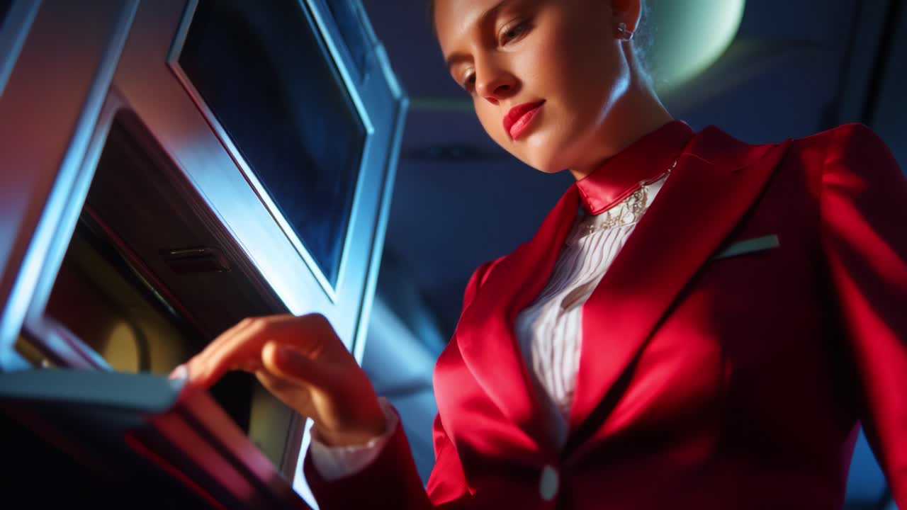 A professional flight attendant in a vibrant red uniform assists passengers with an in-flight service, showcasing dedication and elegance while interacting with an advanced cabin feature