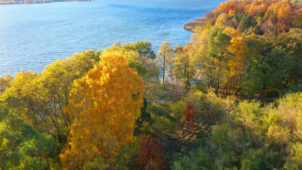 Autumn nature and forest landscape. Aerial view of beautiful river and colourful forest