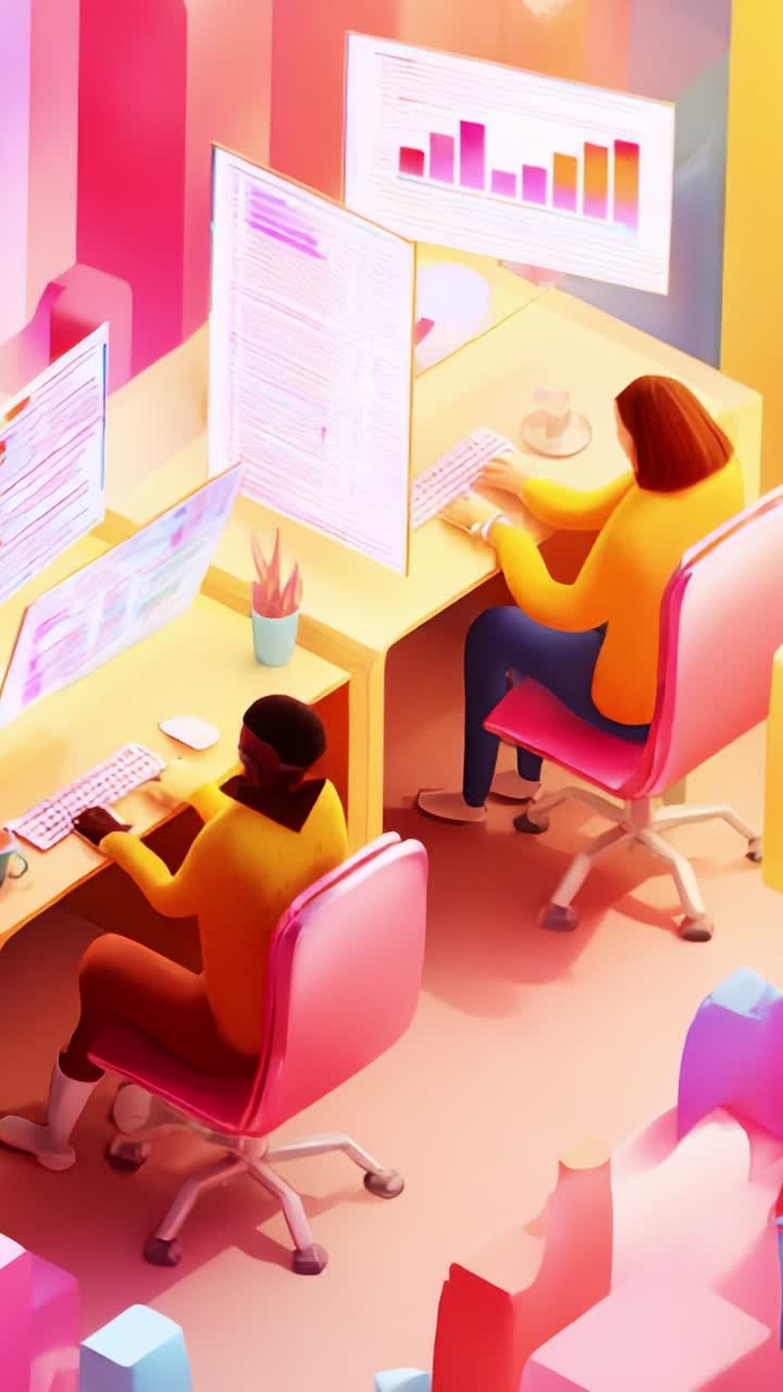 Engaged Professionals Working in a Modern Office Setting with Colorful Displays and Data Visualizations, Reflecting Productivity and Collaboration
