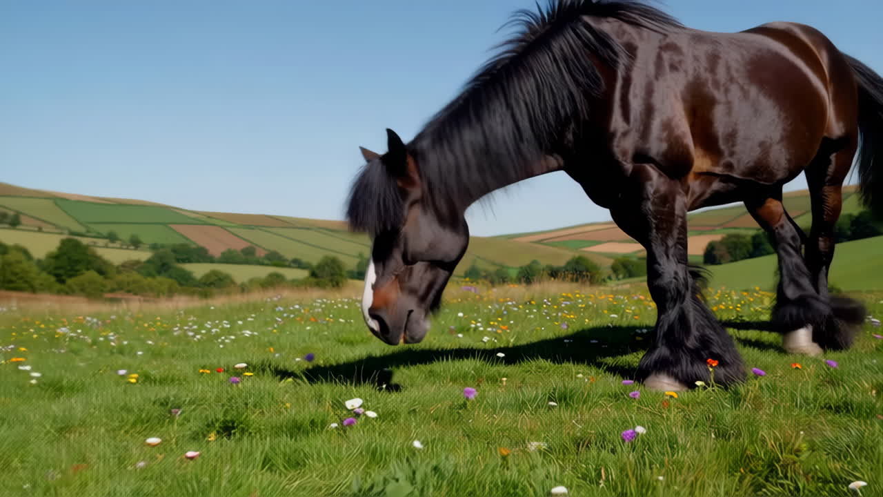 Brown Horse Grazing in a Beautiful Meadow