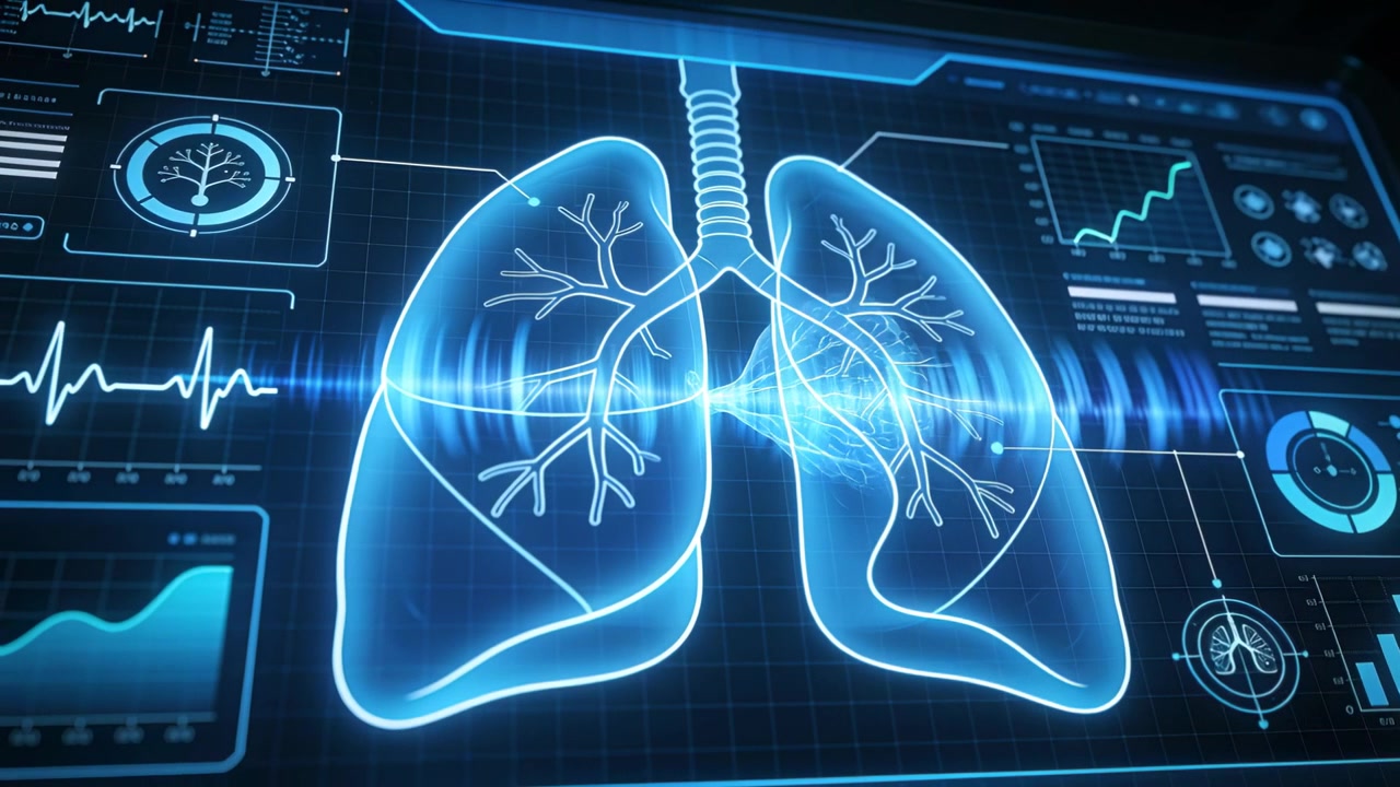 Pulsing holographic lungs reacting to waveform sweep on HUD, updating data panels for scan