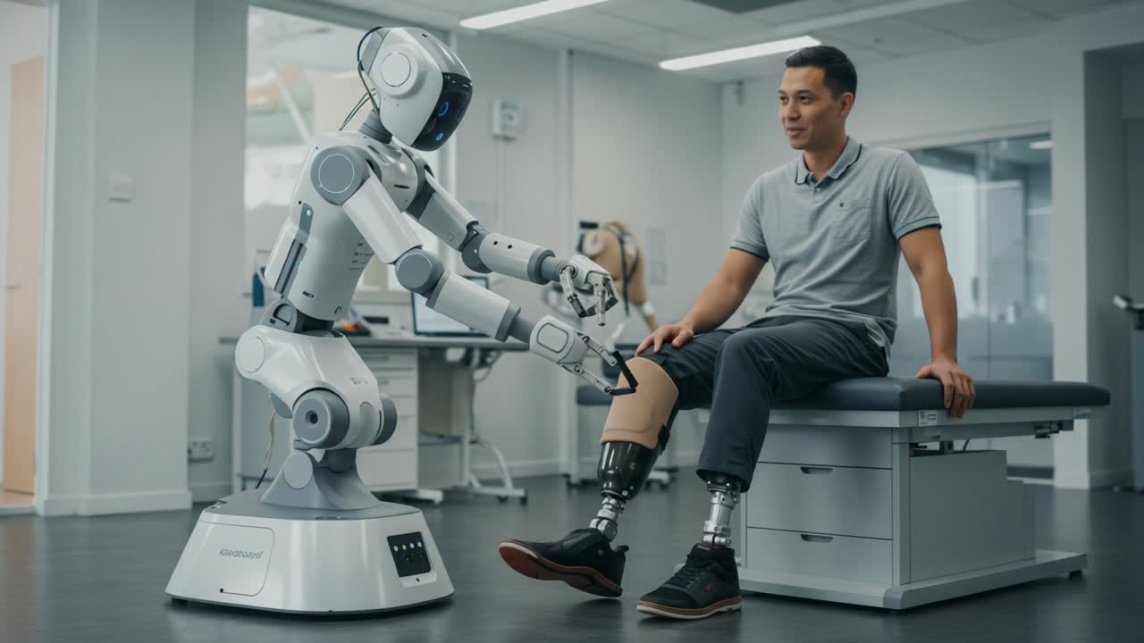 An Advanced Robot Assists a Person with Prosthetic Limbs, Showcasing the Future of Technology in Rehabilitation and Human-Robot Interaction in an Innovative Environment