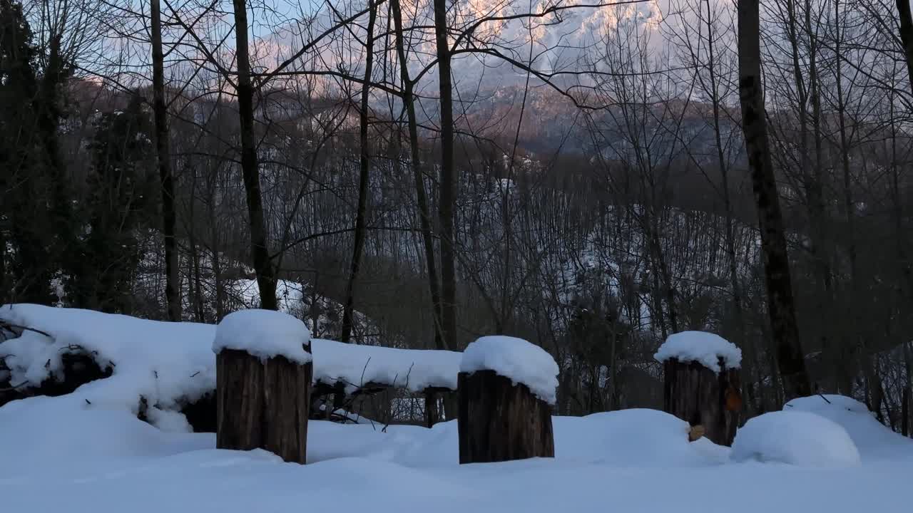 Snow forest landscape in Iran Hyrcanian nature winter rural village countryside mountain Talesh highland cabin cold agriculture road gravel driving snowflakes extreme climate Gilan cottage lifestyle