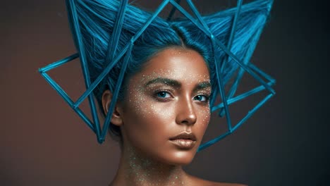striking portrait of a model with unique geometric hair design and glitter makeup, showcasing bold colors and artistic expression in fashion photography