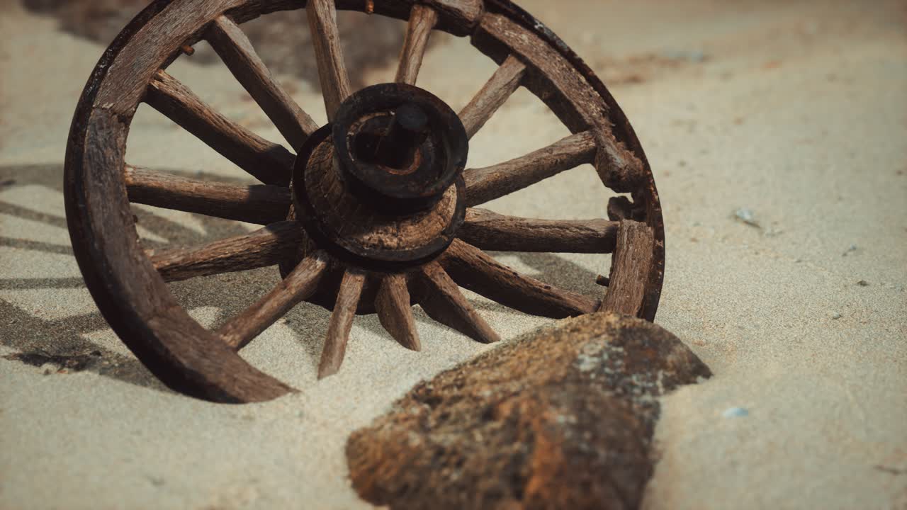 gran rueda de madera en la arena